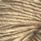 Close-up image of beige and brown variegated yarn, showing the fibrous texture and twisted strands. The yarn appears soft and plush, ideal for knitting or crocheting projects. The photo captures the detail and color blend well, reminiscent of Caledonian Dye Works' Halcyon Geo Rug Wool's quality.