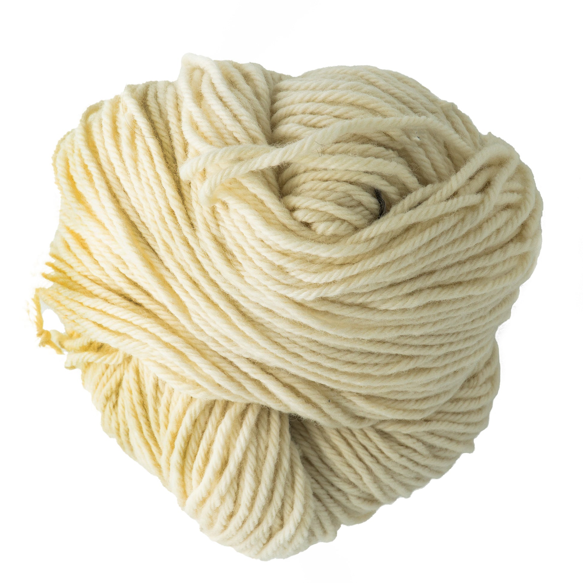 A skein of Lemieux's Halcyon Yarn 4-ply Rug Wool in a cream color is coiled neatly, potentially enhanced by natural dyes. Its texture appears soft and thick, making it perfect for knitting or crochet projects. This inviting yarn is showcased against a plain white background.