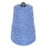 A cone-shaped spool of blue Harrisville Designs Shetland Yarn - Unwashed Cones with a black top. The yarn is tightly wound around the spool, creating a textured and layered appearance. The plain white background accentuates the blue color beautifully—ideal for Fair Isle knitting designs or lightweight blankets.