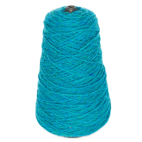 A spool of Harrisville Designs' Harrisville Highland - Cones is depicted in teal blue, featuring thick, unscoured yarn tightly wound into a cone shape. The yarn has a fuzzy texture and stands upright, with the top of the cone revealing the inner cardboard tube core around which the yarn is wound.