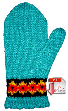 The Two-Way Botanica Mitten from Halcyon Yarn is a cozy accessory in teal, adorned with a decorative pattern in black, red, and yellow near the cuff. An icon indicating a downloadable PDF from Adobe overlays the bottom-right part of this colorful mitten.