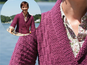 Close-up of a maroon knitted Wellfleet Jacket made from Nourmbega yarn, with a floral shirt underneath. Inset shows a person wearing the jacket, standing by a lake with a forested background, smiling and holding a boat's handrail. The jacket is by Twist Collective.