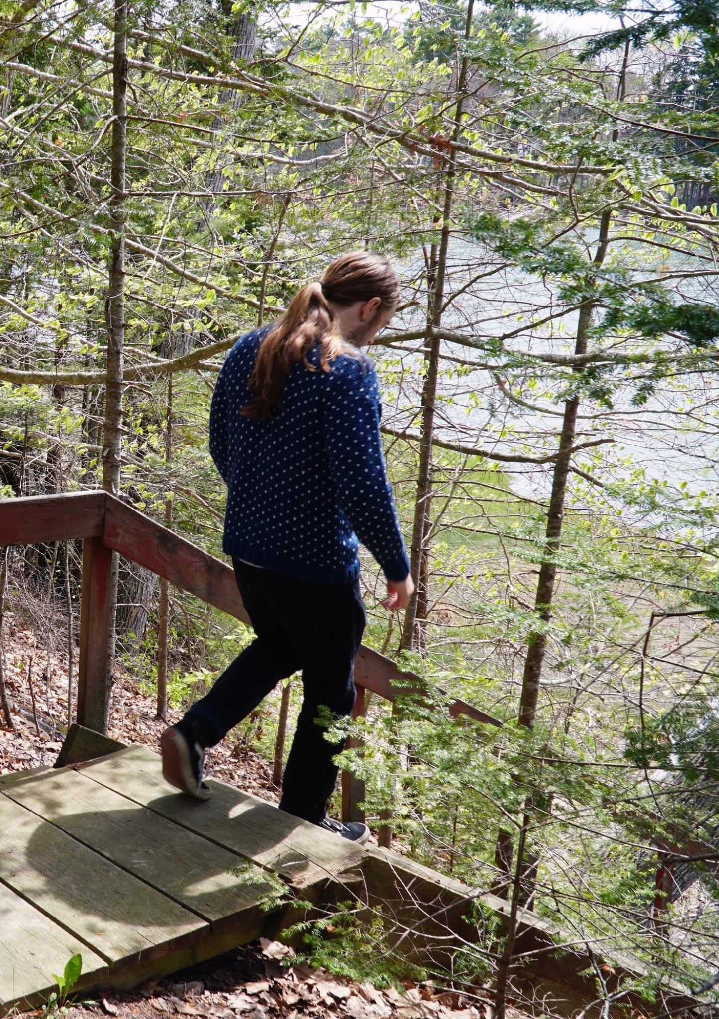 A person with long hair tied in a ponytail, wearing a blue patterned shirt and black pants, is walking down wooden steps in a forested area. Surrounded by tall trees and with a body of water visible through the foliage, they look like they're ready to switch into their cozy Lubec Pullover from Halcyon Yarn at any moment.