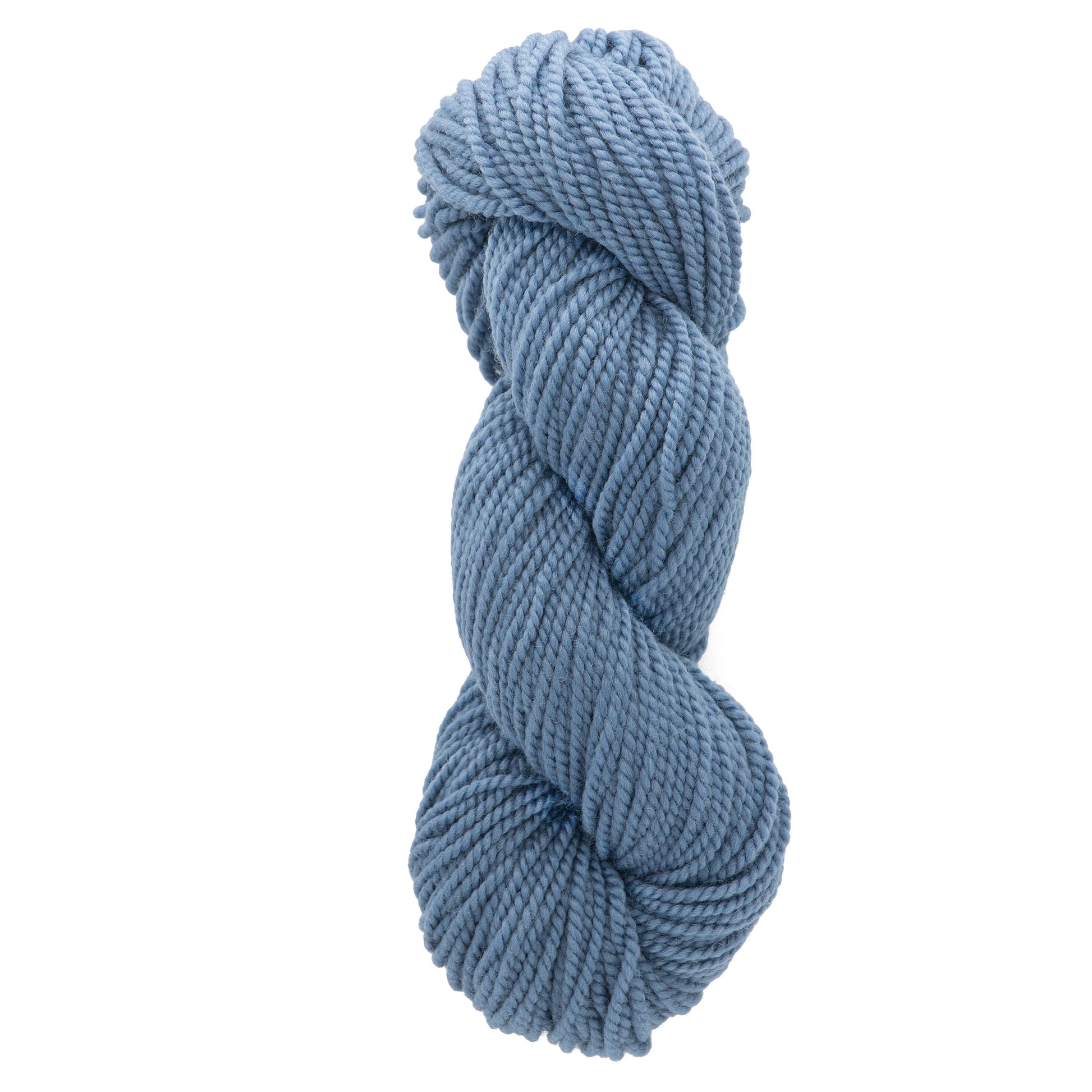 A skein of Norumbega, an Aran weight yarn from Caledonian Dye Works, crafted from 100% U.S. wool and featuring a light blue twist, showcased against a white background.