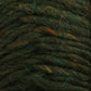 Close-up of a textured, dark green Lopi Alafoss Icelandic Wool Yarn by Berroco, Inc., featuring subtle strands of orange and yellow. The fibrous lines are intertwined, creating a wavy, layered pattern reminiscent of felted mittens.