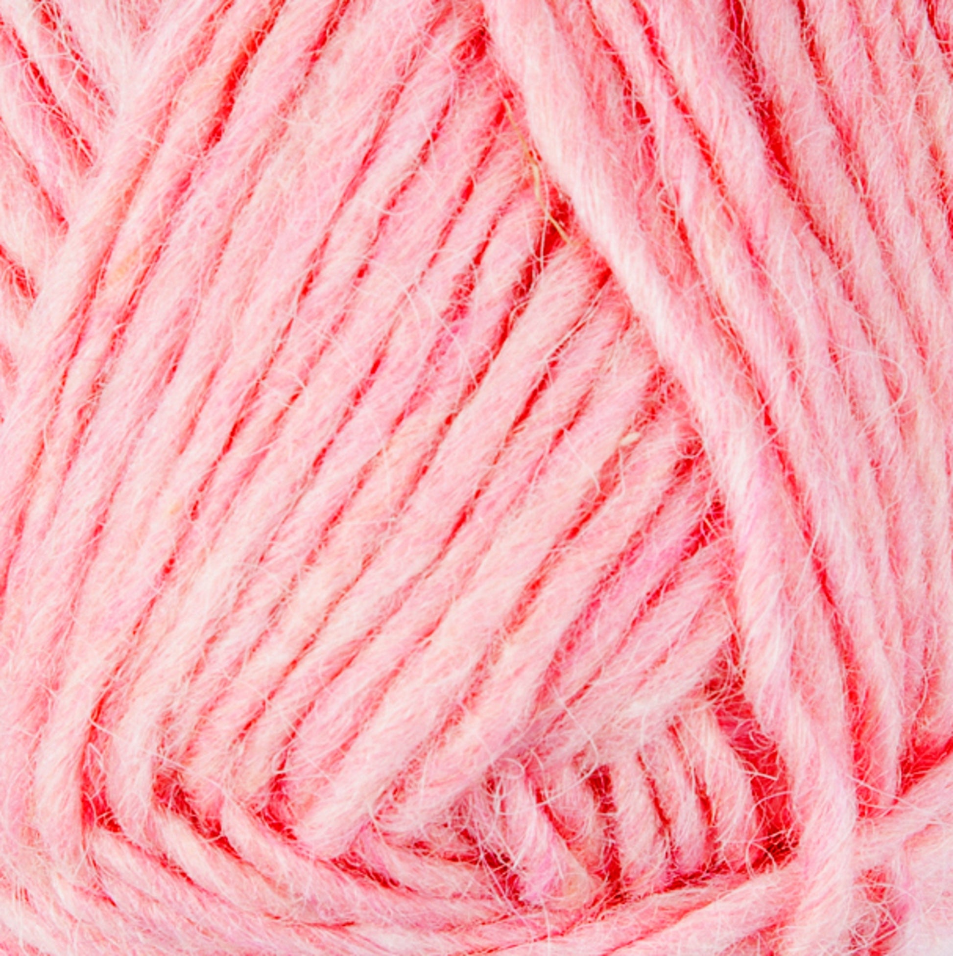 Close-up of thick, pink Lopi Alafoss Icelandic Wool Yarn by Berroco, Inc. with a soft, fuzzy texture, evenly wound into a ball. The strands are mostly uniform, with some slight variations in thickness, creating a cozy, woven pattern reminiscent of traditional Icelandic pullovers.