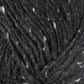 Close-up of dark grey Lopi Alafoss Icelandic Wool Yarn by Berroco, Inc., with a textured appearance featuring subtle white flecks throughout its fibers. The yarn is tightly wound, showcasing its soft and slightly fuzzy surface, perfect for crafting Icelandic pullovers.