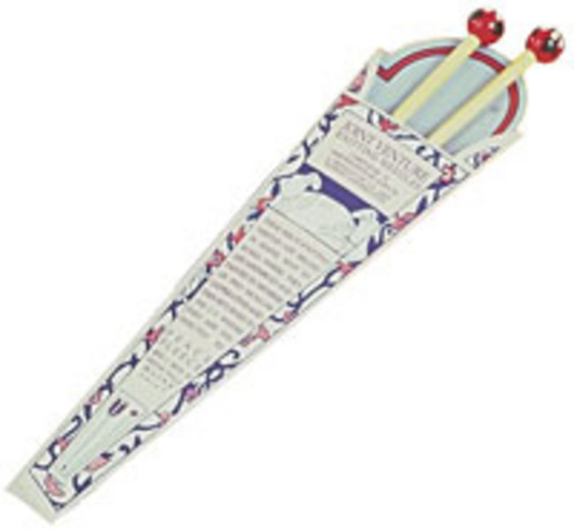 An intricately designed white case, adorned with ornate blue and pink floral patterns and text, contains a pair of Peace Fleece Single-Pointed Wooden Knitting Needles, 10" by Harrisville Designs. The yellow hardwood needles feature red, ball-shaped ends and are partially inserted into the decorative case.