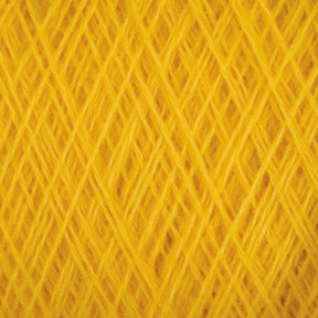 A close-up view of yellow JaggerSpun Maine Line 3/8 Yarn | Mini-cone from Jagger Brothers, Inc. woven into a detailed, criss-cross pattern. The image highlights the texture and complexity of the yarn, creating a vibrant, intricate design.