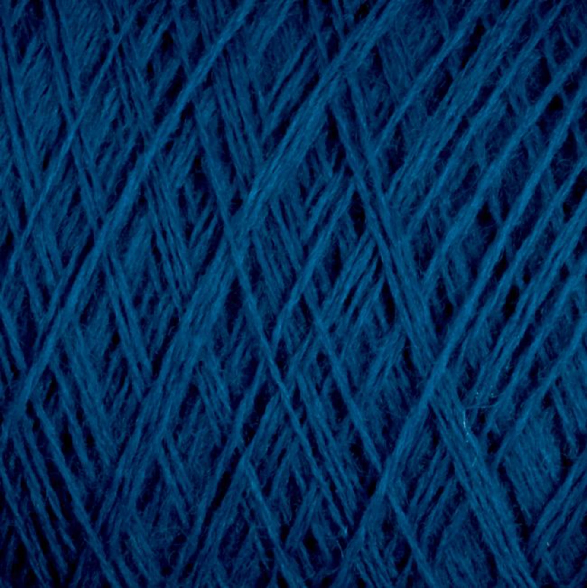 Close-up of dark blue JaggerSpun Maine Line 3/8 Yarn | Mini-cone by Jagger Brothers, Inc., showcasing its detailed texture. The strands of this worsted spun yarn are tightly wound, creating a crisscross pattern throughout the image. The rich and deep color enhances the visibility of the fibers and fine details.