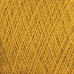 Close-up view of crisscrossed yellow yarn threads from JaggerSpun Maine Line 2/8 Yarn in a Mini-cone by Jagger Brothers, Inc. The fibers are tightly wound, creating a textured pattern reminiscent of weaving with intersecting lines. The vibrant yellow color gives this worsted spun yarn a warm and bright appearance.