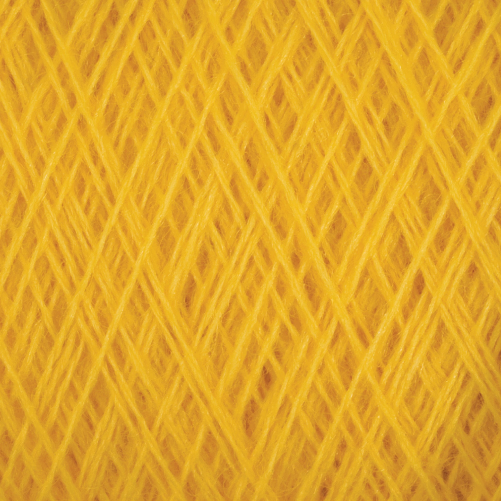 Close-up image of JaggerSpun Maine Line 2/8 Yarn | Mini-cone by Jagger Brothers, Inc., in a vibrant yellow color, tightly wound in a criss-cross pattern. The texture and neat arrangement highlight the visibility of the yarn's fibers, giving a sense of softness and intricacy ideal for knitting or weaving projects.