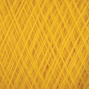 Close-up image of JaggerSpun Maine Line 2/8 Yarn | Mini-cone by Jagger Brothers, Inc., in a vibrant yellow color, tightly wound in a criss-cross pattern. The texture and neat arrangement highlight the visibility of the yarn's fibers, giving a sense of softness and intricacy ideal for knitting or weaving projects.