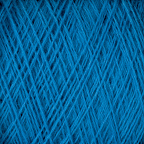 Close-up image of tightly wound, vibrant blue JaggerSpun Maine Line 2/8 Yarn | Large Cone from Jagger Brothers, Inc. The strands crisscross and overlap, forming a textured and intricate pattern. Perfect for commercial and recreational knitters seeking quality and detail in their projects.