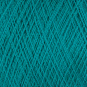 Close-up of JaggerSpun Maine Line 2/8 Yarn | Mini-cone by Jagger Brothers, Inc., showcasing intricately woven teal fibers in a dense, crisscrossing pattern. The texture appears soft and slightly fuzzy, highlighting the detailed threads and their overlapping structure, perfect for knitting projects.