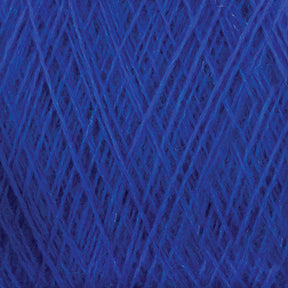 A close-up of Jagger Brothers, Inc.'s JaggerSpun Maine Line 2/8 Yarn in a rich deep blue color, wound in a crisscross pattern. The yarn exhibits a soft and slightly fuzzy texture with fine individual fibers intertwined tightly, capturing the intricate details of the thread.