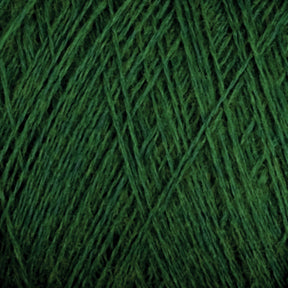 Close-up image of JaggerSpun Maine Line 2/8 Yarn | Mini-cone by Jagger Brothers, Inc., showcasing the dark green yarn. The worsted spun fibers are tightly wound, highlighting its soft and thick texture. Ideal for knitting or weaving, this yarn features a rich, forest green hue.