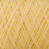 Close-up image of JaggerSpun Maine Line 2/20 Yarn | Mini-cone by Jagger Brothers, Inc., showcasing tightly wound yellow worsted spun yarns with visible crisscrossing fibers that highlight the texture and thickness of the medium grade wool. The photo emphasizes the intricate pattern created by the overlapping threads.