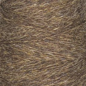 A close-up image of a mini-cone of JaggerSpun Heather 2/8 yarn by Jagger Brothers, Inc., showcasing detailed texture and fibers. The yarn, tightly wound with diagonal lines, combines brown and gray hues. The rustic and earthy appearance is enhanced by the use of low-impact synthetic dyes.