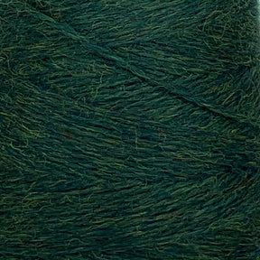 Close-up view of dark green JaggerSpun Heather 2/8 yarns by Jagger Brothers, Inc., showcasing their rough texture and tightly wound strands. Suitable for knitting and other textile crafts, the image captures the intricate details and fibrous nature of this worsted spun yarn, available in a large cone.