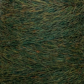 Close-up of a spool of JaggerSpun Heather 2/8 | Mini-cone from Jagger Brothers, Inc. The greenish-brown worsted spun wool fibers are tightly wound, creating a textured surface. Subtle variations in color, achieved with low-impact synthetic dyes, give the yarn its natural, earthy appearance.