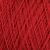 Close-up image of red JaggerSpun Superfine Merino 2/18 Yarn | Mini-cone strands from Jagger Brothers, Inc. cross each other, forming a dense, textured pattern. The yarn appears soft and slightly fluffy, with visible fibers and a rich red hue.