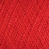 Close-up image of vibrant red JaggerSpun Superfine Merino 2/18 Yarn | Mini-cone by Jagger Brothers, Inc., showcasing a crisscross pattern of tightly wound fibers. The texture appears soft, with fine threads intricately interwoven to form a solid and consistent surface.