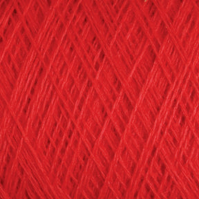 Close-up image of vibrant red JaggerSpun Superfine Merino 2/18 Yarn | Mini-cone by Jagger Brothers, Inc., showcasing a crisscross pattern of tightly wound fibers. The texture appears soft, with fine threads intricately interwoven to form a solid and consistent surface.