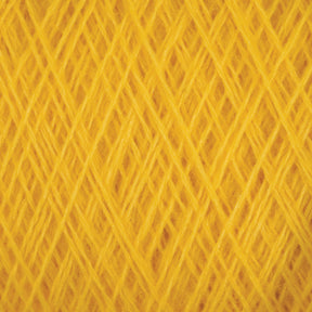 Close-up image of intertwined JaggerSpun Superfine Merino 2/18 Yarn | Mini-cone in vibrant yellow, formed into a crisscross pattern. The tightly wound fibers from Jagger Brothers, Inc. create a dense and textured surface, highlighting the detailed and intricate arrangement of the threads.