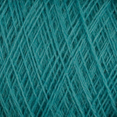 Close-up image of teal-colored JaggerSpun Superfine Merino 2/18 Yarn | Mini-cone by Jagger Brothers, Inc., displaying a detailed crisscross pattern of fibers. The texture appears soft and slightly fuzzy, showcasing the intricate weaving of the worsted spun yarn threads.