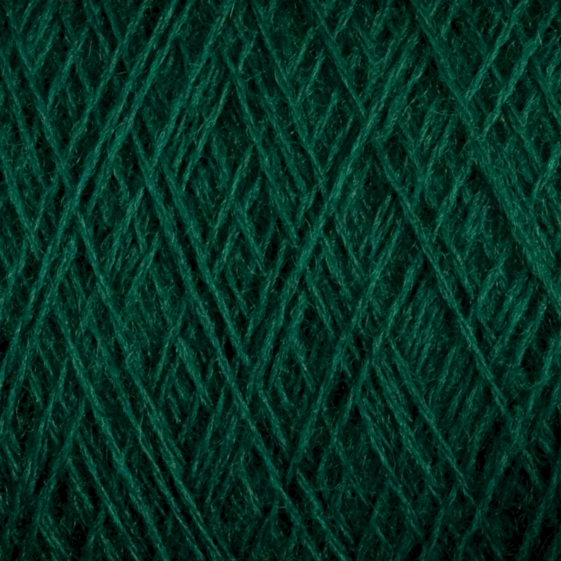 Close-up view of JaggerSpun Zephyr Wool-Silk 2/18 Yarn in dark green, showing a detailed crisscrossing pattern of the strands. The texture is soft with a slight sheen. Made from luxurious Australian superfine merino wool by Jagger Brothers, Inc., the fibers are tightly woven, creating an intricate and orderly arrangement.