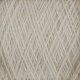 A close-up image of JaggerSpun Zephyr Wool-Silk 2/18 Yarn | Large Cone by Jagger Brothers, Inc., showcasing off-white, luxurious yarn tightly wound in a neat pattern. The individual fibers are visible, creating a textured, soft appearance. Crafted from premium silk and wool, the yarn is arranged in a way that creates a subtle crisscross design.