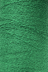 Close-up image of a spool of bright green Maurice Brassard Cotton Bouclé Yarn. The texture of the thread is visible, with intricate patterns and slight irregularities in the strands, creating a detailed and tactile effect. The color is vibrant and consistent throughout the spool.