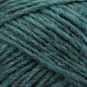 Close-up image of green yarn loops tightly wound together. Made from Léttlopi (Lite Lopi) Icelandic Wool Yarn by Berroco, Inc., the yarn has a slightly fuzzy texture with fine, stray fibers visible on the surface. The rich, deep green color is perfect for colorwork knitting, creating a textured and cozy appearance ideal for durable garments.