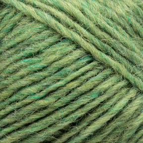 Close-up image of a ball of Léttlopi (Lite Lopi) Icelandic Wool Yarn by Berroco, Inc., showcasing the texture and twisted strands. The yarn features various shades of green, giving it a varied and rich appearance. The slightly fuzzy fibers suggest its authenticity as Icelandic wool, making it ideal for colorwork knitting or crafting durable garments.