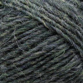 Close-up image of dark green and gray multi-tonal Léttlopi (Lite Lopi) Icelandic Wool Yarn by Berroco, Inc., showcasing the texture and fibers. The yarn appears thick and slightly fuzzy with intertwined strands, perfect for durable garments or intricate colorwork knitting projects.