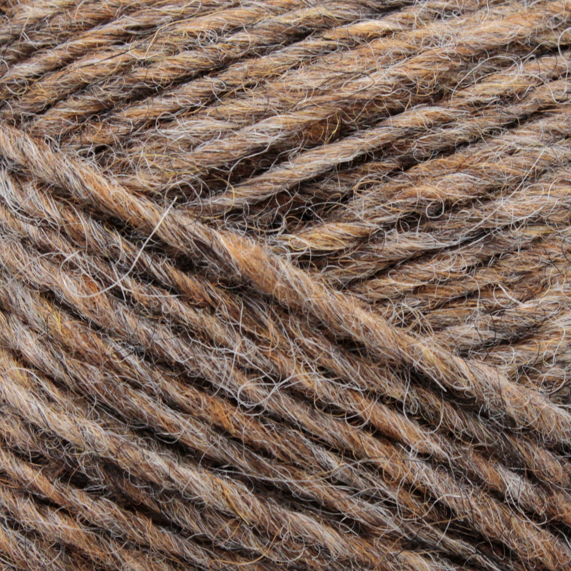 Close-up of Berroco, Inc.'s Léttlopi (Lite Lopi) Icelandic Wool Yarn in light brown with varying shades of tan, beige, and grey. The texture appears soft and woolly with individual strands twisted together, making it ideal for colorwork knitting and creating a slightly mottled pattern. Perfect for durable garments.