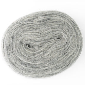 A close-up photo captures a coiled oval-shaped skein of Berroco, Inc.'s Plötulopi Unspun Icelandic Wool Yarn in light gray. The image highlights the yarn's soft and fuzzy texture, with slight variations in shade that lend it a subtle, marbled appearance. The unspun yarn coil is set against a plain white background.