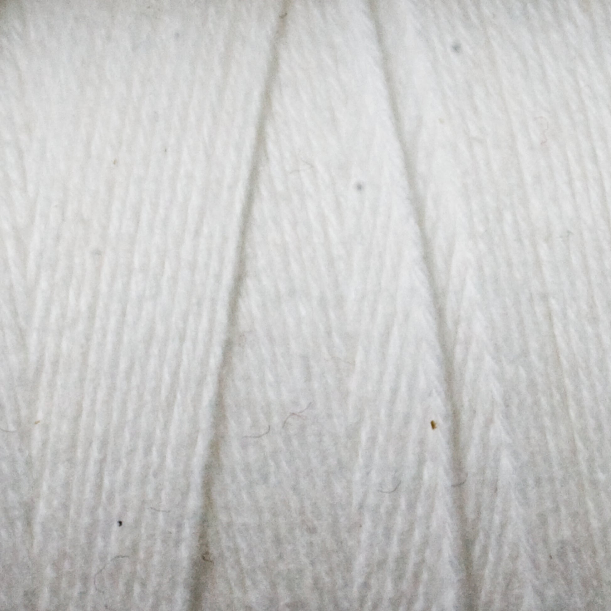 Close-up image of Great Northern Weaving's Cotton Carpet Warp 8/4. The texture is soft and slightly fluffy, with a subtle diagonal pattern indicating the way the yarn is twisted. Small fibers are visible, enhancing the detailed appearance and reminiscent of those found in handmade coverlets.