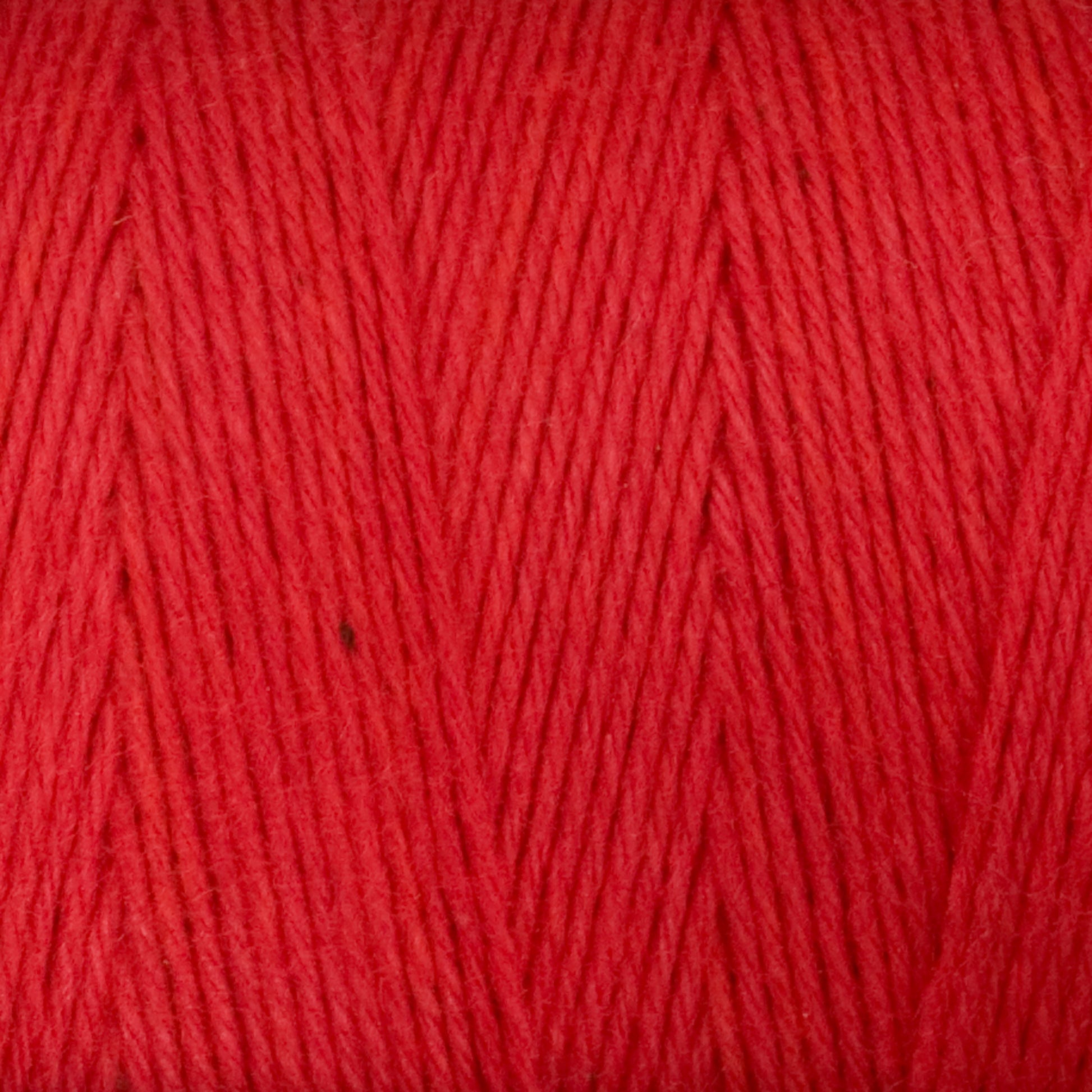 Close-up of Great Northern Weaving's Cotton Carpet Warp 8/4 in red, revealing the detailed texture and individual strands tightly wound together. The yarn appears to be soft and evenly colored throughout, ideal for knitting or crocheting projects like rag rugs or coverlets.