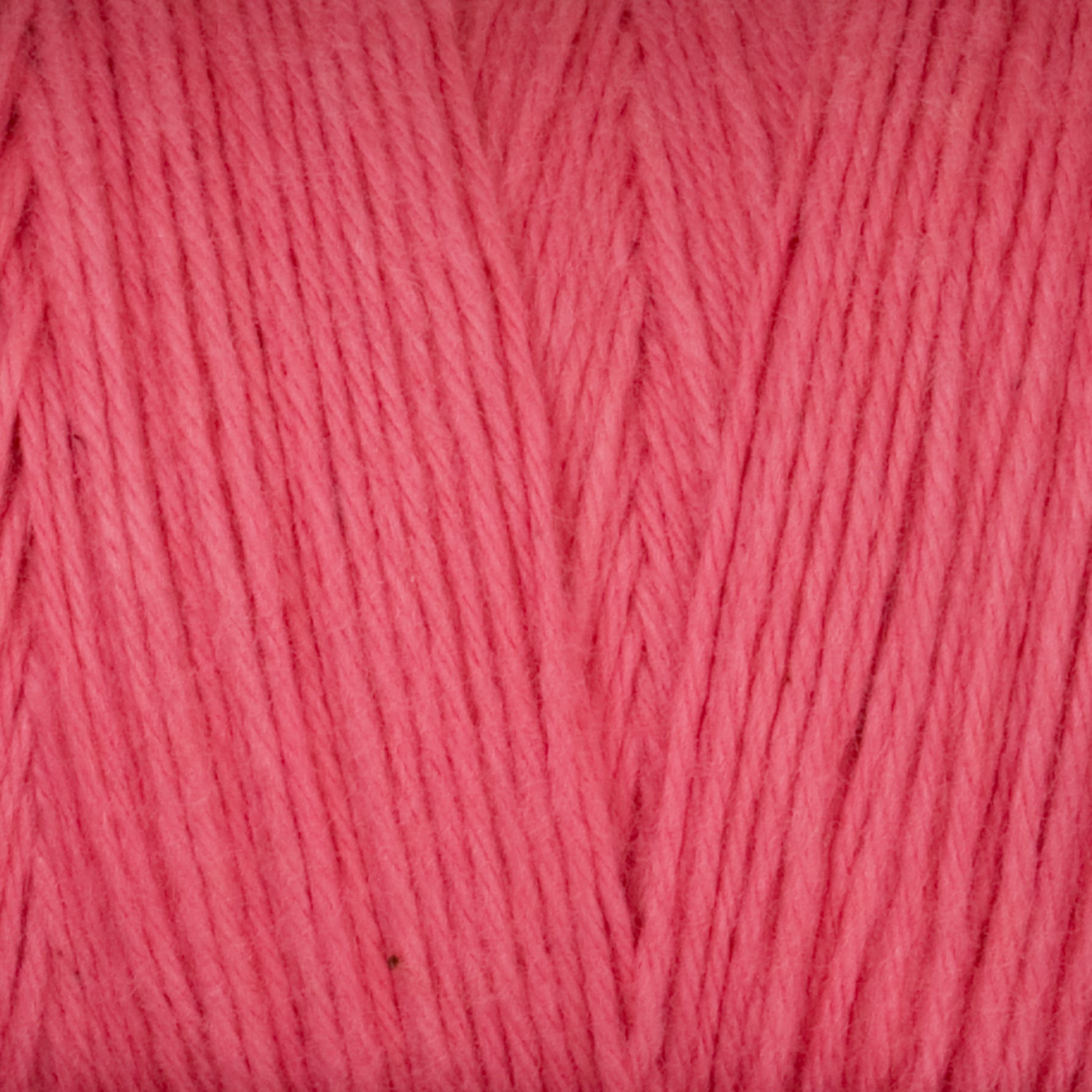 Close-up of a skein of Great Northern Weaving's Cotton Carpet Warp 8/4 in bright pink. The texture of the yarn is clearly visible, with fibers running vertically and slightly intertwining. The surface appears soft and smooth, making it ideal for knitting or crocheting coverlets.