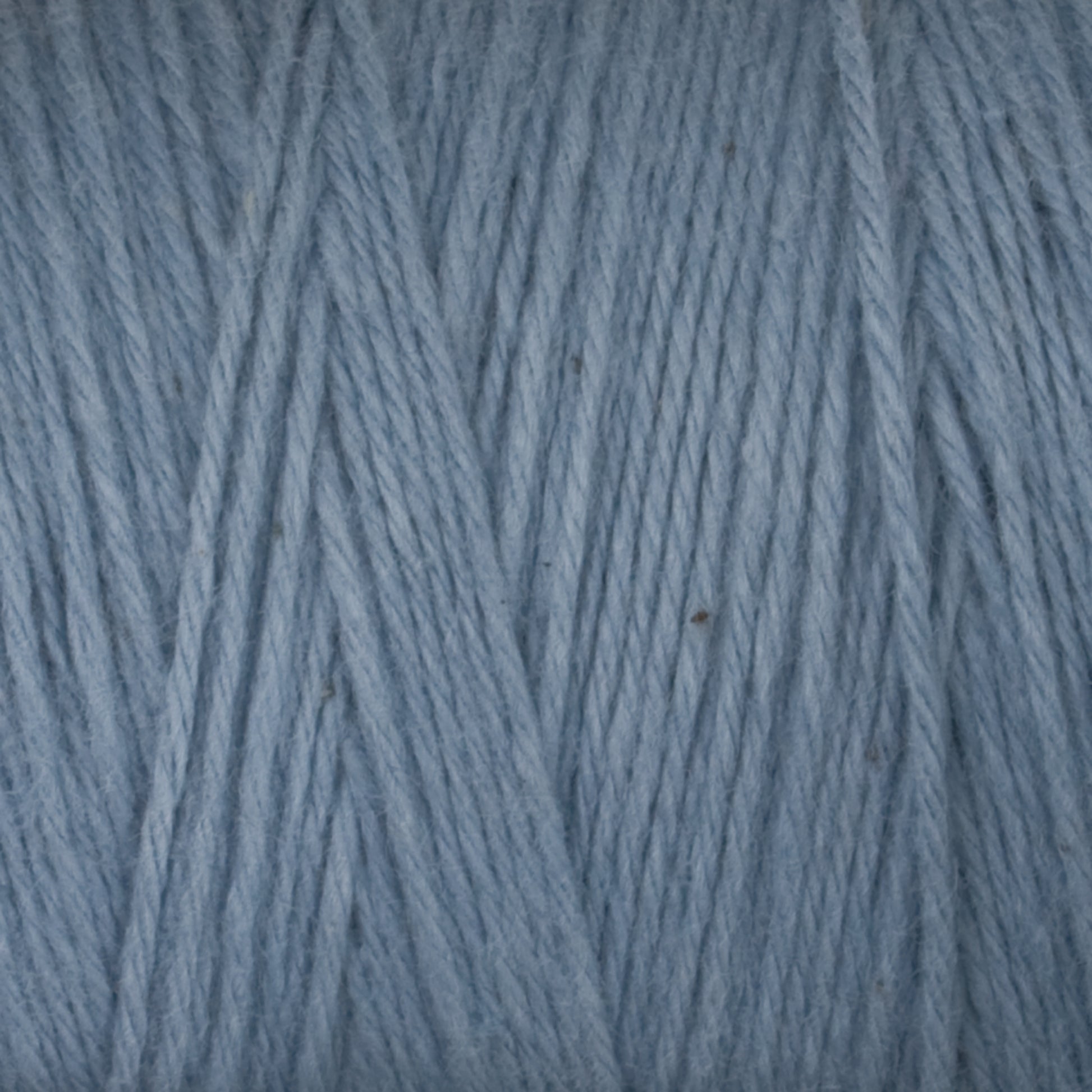 Close-up of Great Northern Weaving's Cotton Carpet Warp 8/4 in light blue, revealing tightly wound fibers arranged in a neat and uniform pattern. The texture appears soft and slightly fuzzy, resembling the delicate weave characteristic of high-quality cotton warp yarn. Individual strands are visible, showcasing its exceptional craftsmanship.