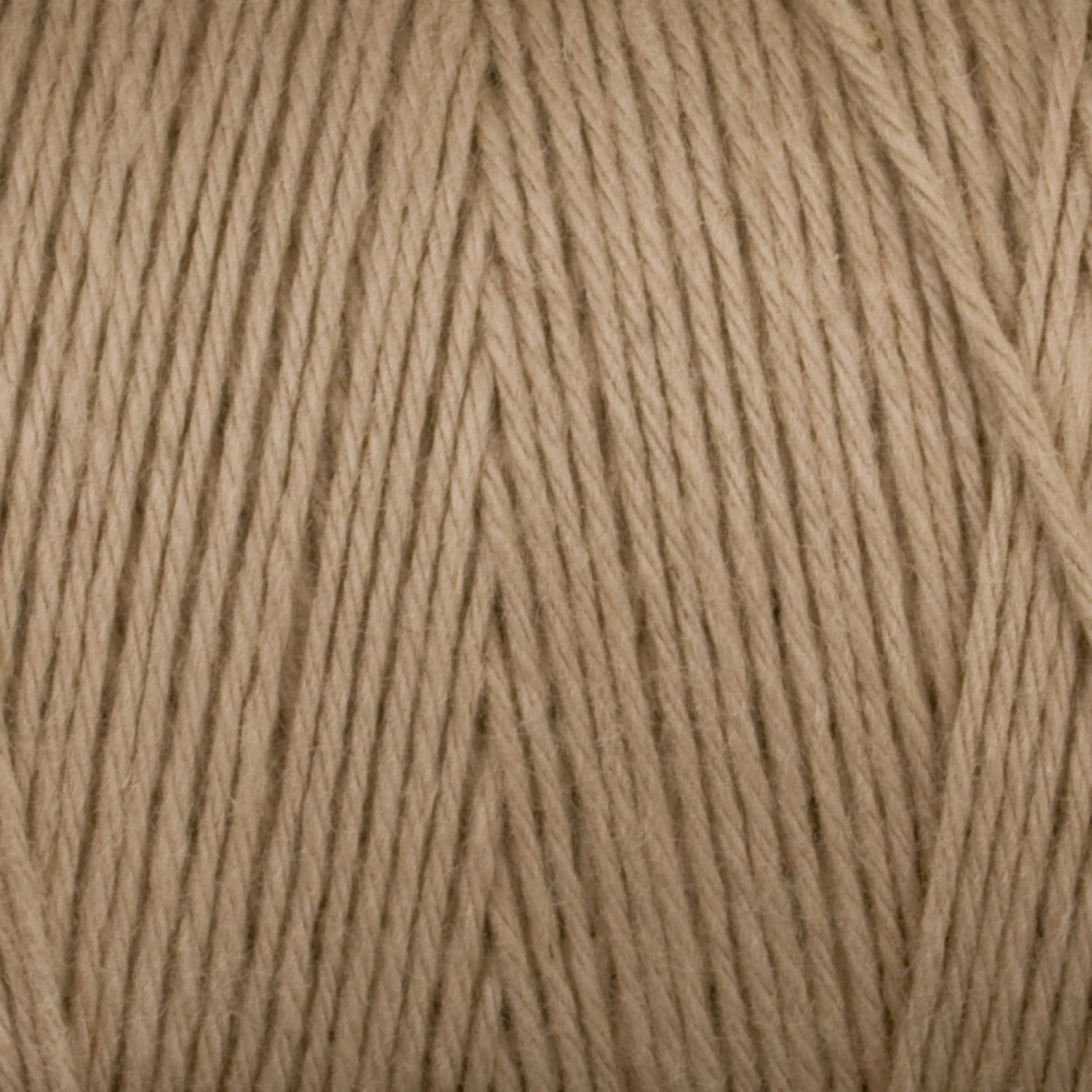 A close-up image of Great Northern Weaving's Cotton Carpet Warp 8/4 in a beige color, tightly wound into a skein with individual strands clearly visible. The texture appears soft and suitable for knitting, crocheting projects, or crafting delicate coverlets.