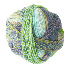 The Zauberball Crazy Sock Yarn by Skacel offers dynamic color transitions featuring shades of green, purple, and light blue. Its tightly wound strands create a textured and intertwined pattern, making this yarn truly captivating.