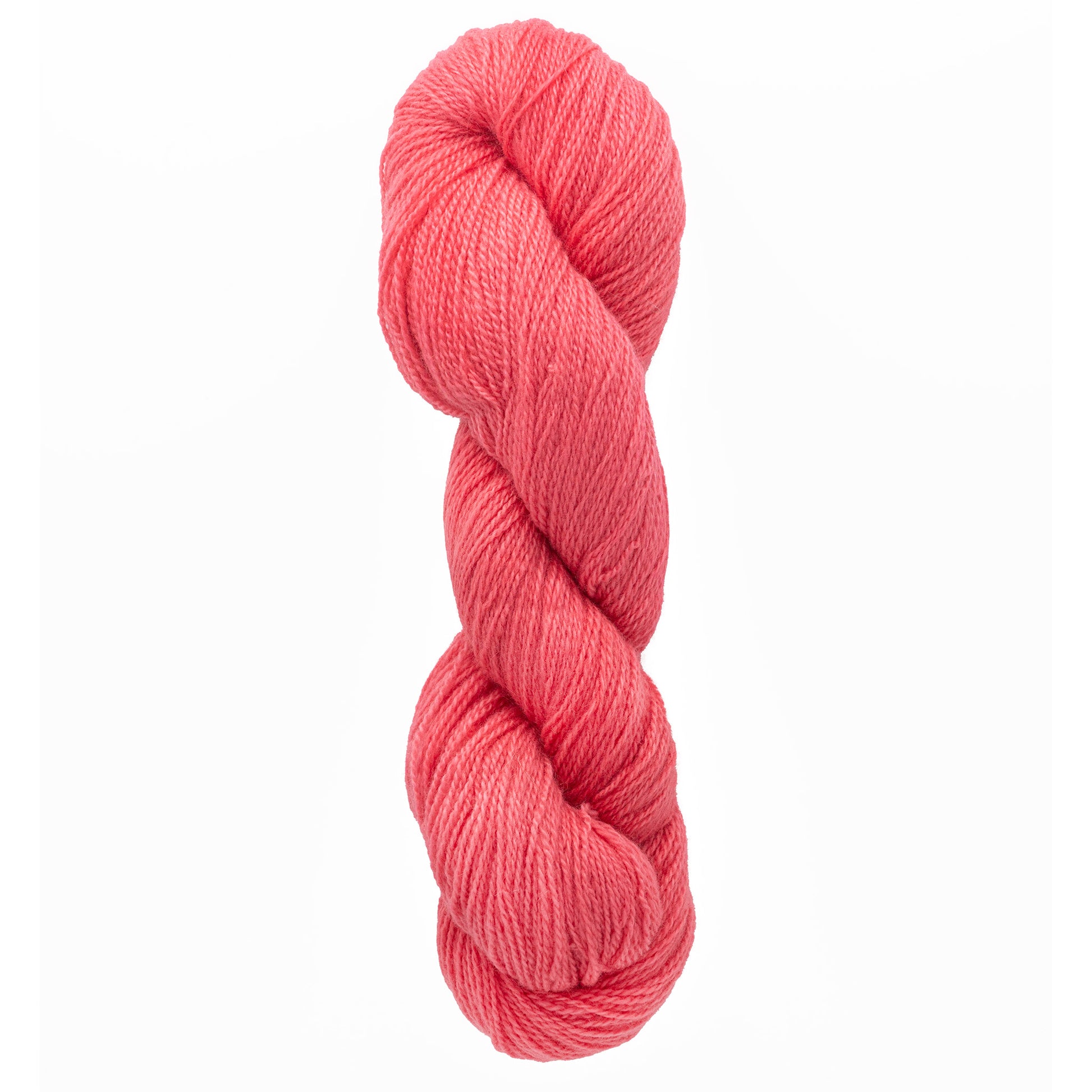 A twisted skein of Jade Sapphire Cashmere 2-Ply in bright coral, ideal for crafting colorful woven accessories, rests elegantly against a white background.