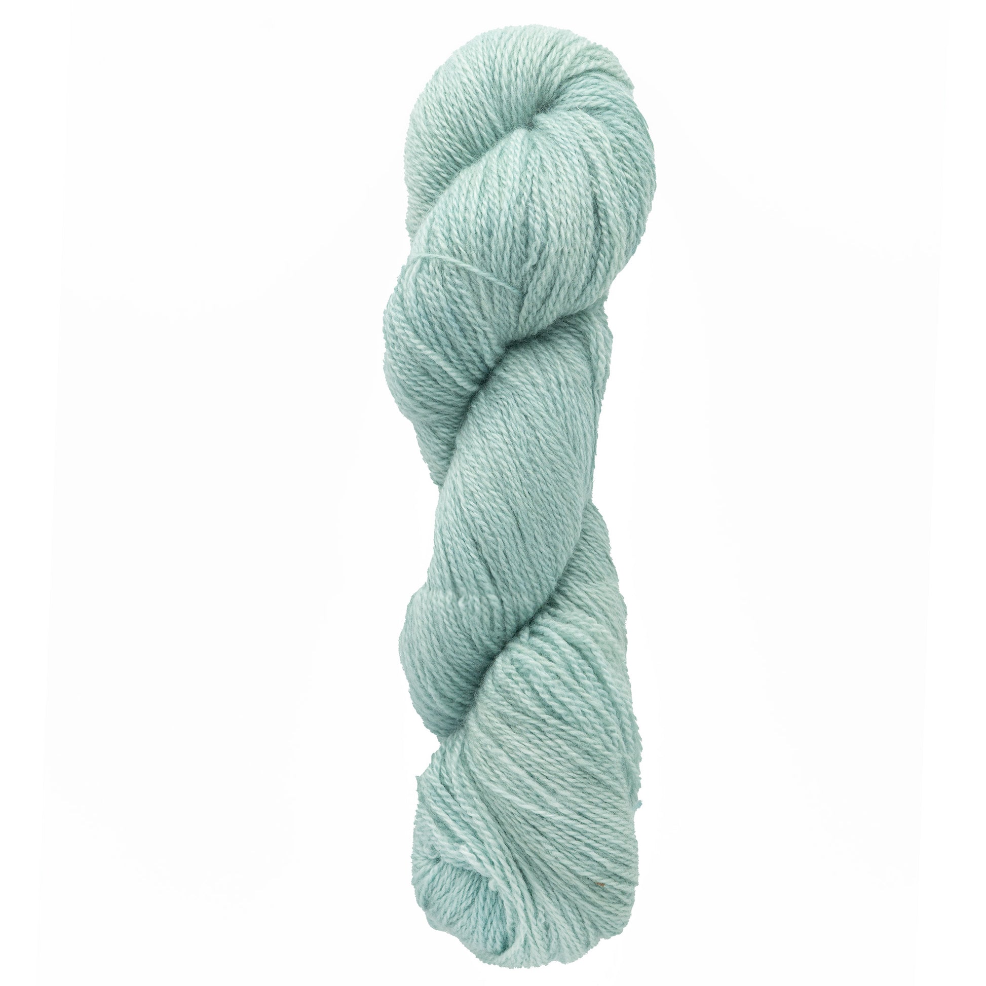 The Jade Sapphire Cashmere 2-Ply by Jade Sapphire Exotic Fibres, displayed against a white background, shines with its light teal color and soft, fluffy texture, making it perfect for knitting lacy scarves and creating elegant woven accessories.