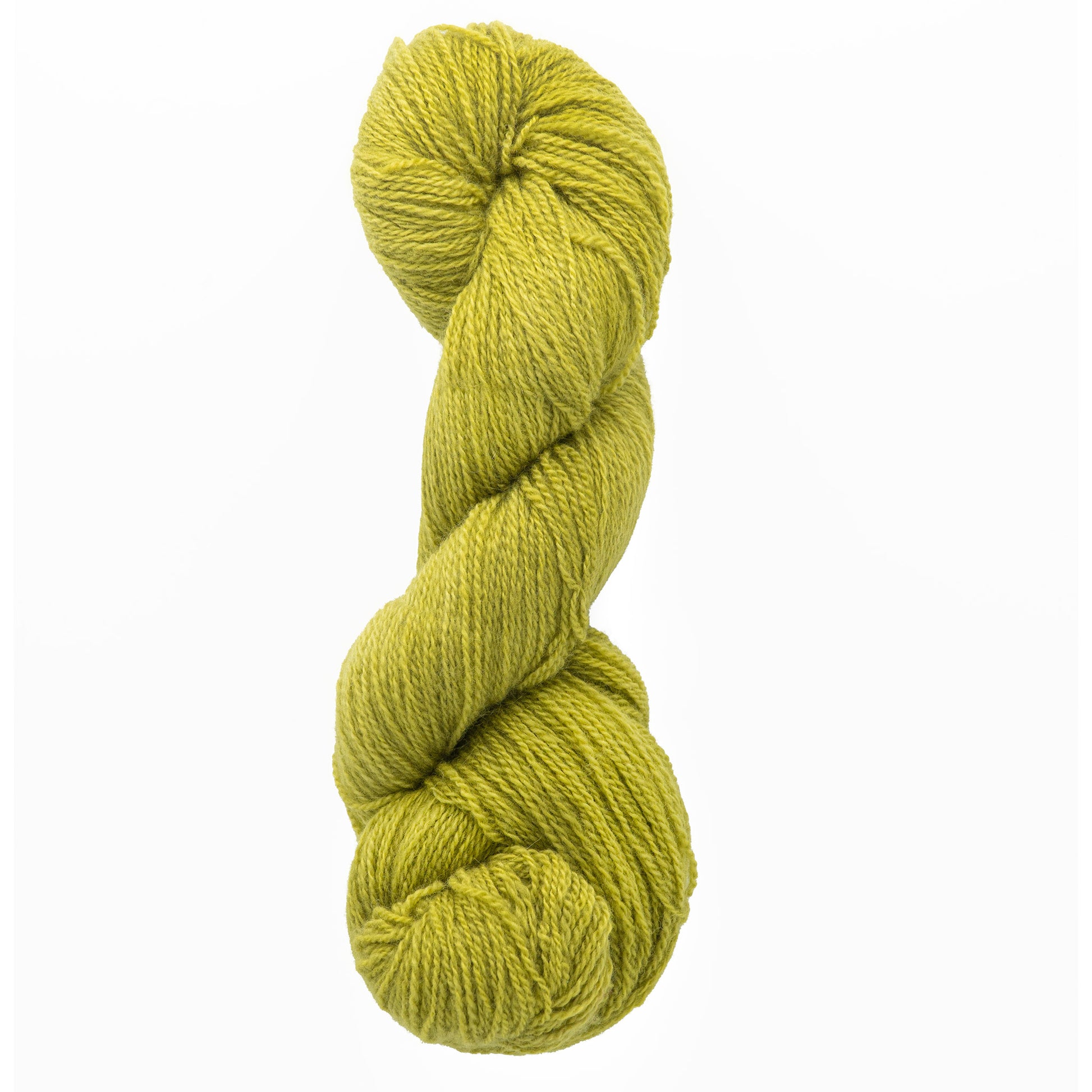 A skein of Jade Sapphire Cashmere 2-Ply yarn from Jade Sapphire Exotic Fibres, in a lime green hue perfect for lacy scarves, is twisted elegantly against a plain white background.