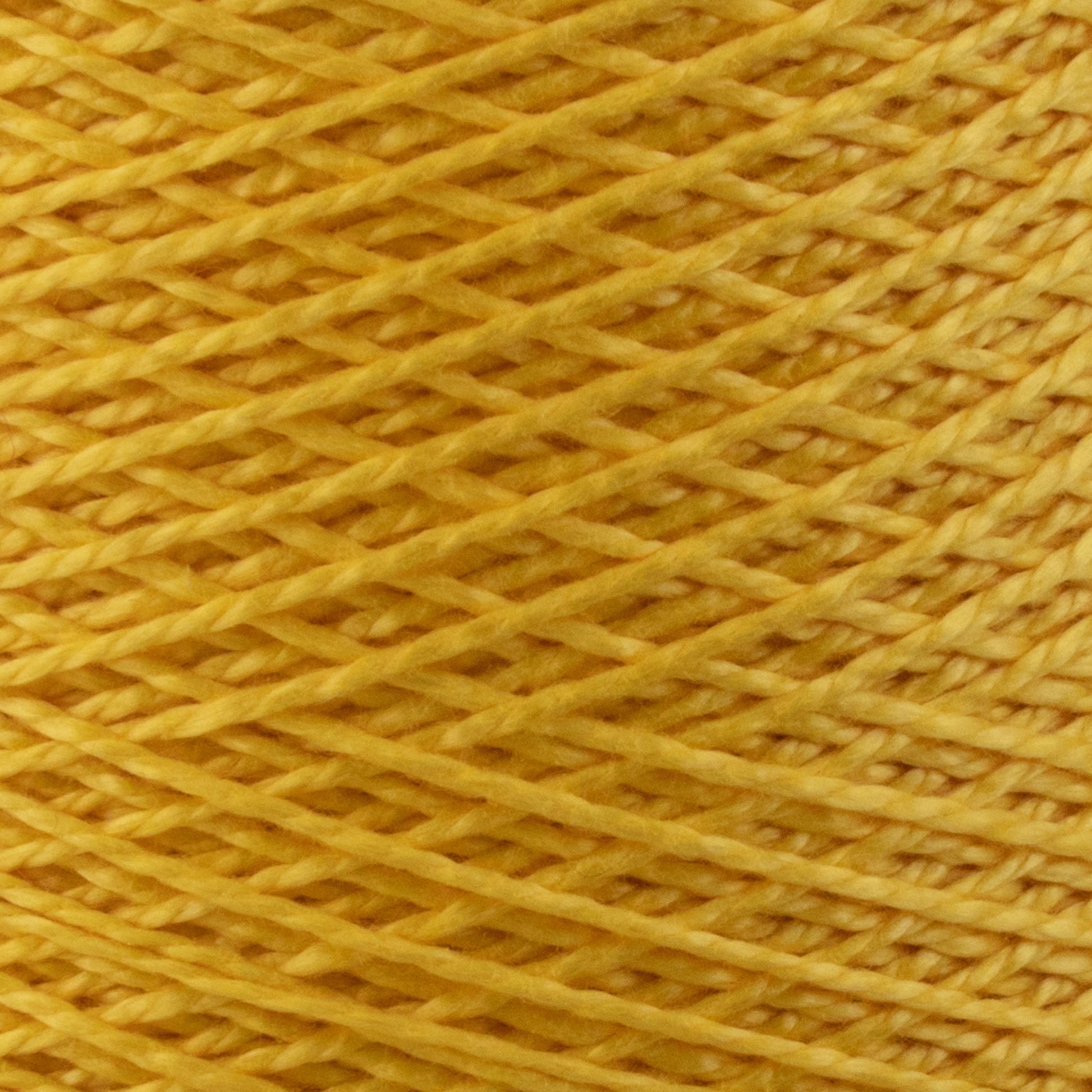 Close-up image of a mini-cone spool of Supreme Corp's 3/2 Pearl Cotton Yarn in bright yellow. The yarn is meticulously wound, showcasing a detailed pattern of intersecting strands. Its vibrant, cheerful color and versatile texture are clearly visible, emphasizing the yarn's softness and thickness.