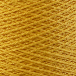 Close-up image of a mini-cone spool of Supreme Corp's 3/2 Pearl Cotton Yarn in bright yellow. The yarn is meticulously wound, showcasing a detailed pattern of intersecting strands. Its vibrant, cheerful color and versatile texture are clearly visible, emphasizing the yarn's softness and thickness.