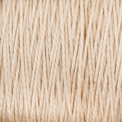 Close-up of a large cone of Supreme Corp's 3/2 Pearl Cotton Yarn, displaying its detailed texture and tightly wound strands. The versatile yarn appears to be made of a natural fiber, with slight variations in color and thickness visible throughout.